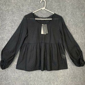 Zara Woman Semi Sheer Black Floral Top Women Size Medium Puff Sleeve Peplum